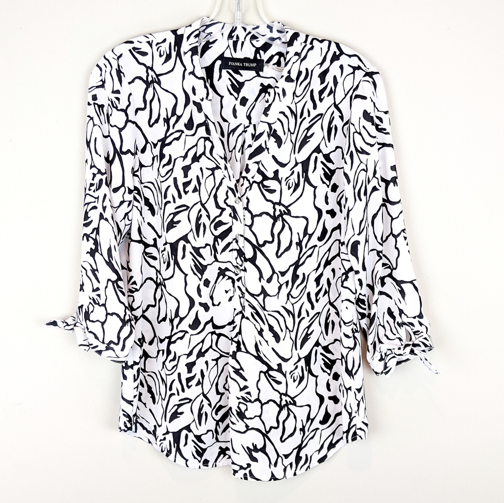 - Ivanka Trump | White Black Print Blouse-E90